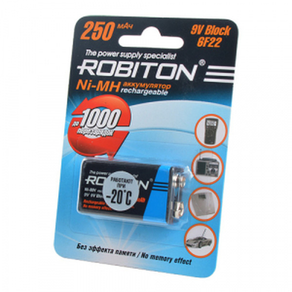 аккумулятор beston 6f22 крона 8 4в 9в 200 mah nimh 1 штука в блистере Аккумулятор ROBITON 6F22 8,4 В 250 мАч NiMH 1 штука в блистере