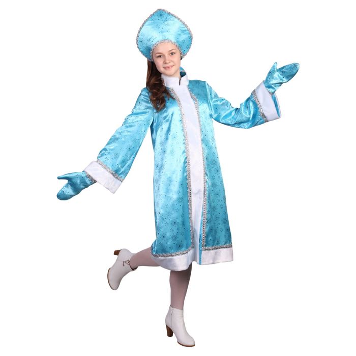 фото Карнавальный костюм "снегурочка", атлас, прямая шуба с искрами, кокошник, варежки, р-р 42 nobrand