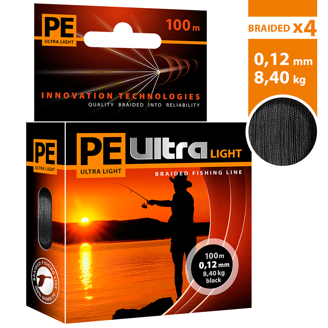 Плетеный шнур AQUA PE ULTRA LIGHT Black 0,12mm 100m, цвет - черный, test - 8,40kg