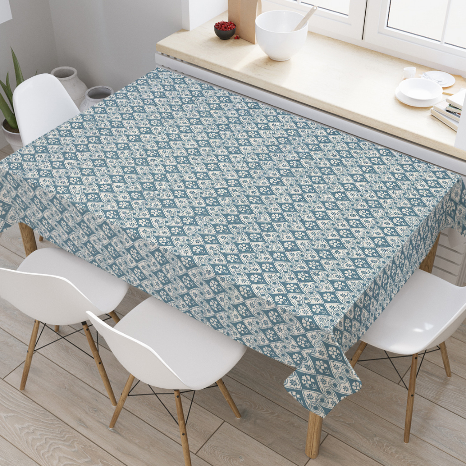 

Скатерть прямоугольная JoyArty "Цветы и спирали в орнаменте" из оксфорда, 120x145см, Зеленый, Цветы и спирали в орнаменте