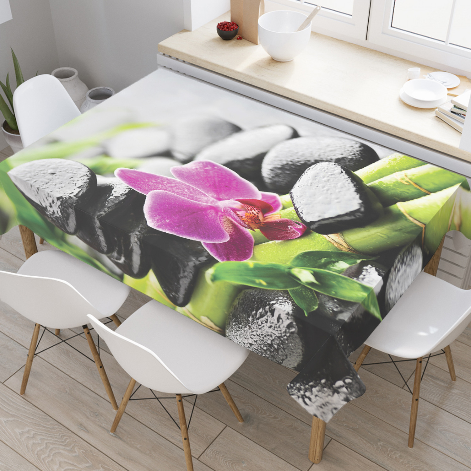 

Скатерть прямоугольная JoyArty "Орхидея в каменном саду" из оксфорда, 120x145см, Серый, Орхидея в каменном саду