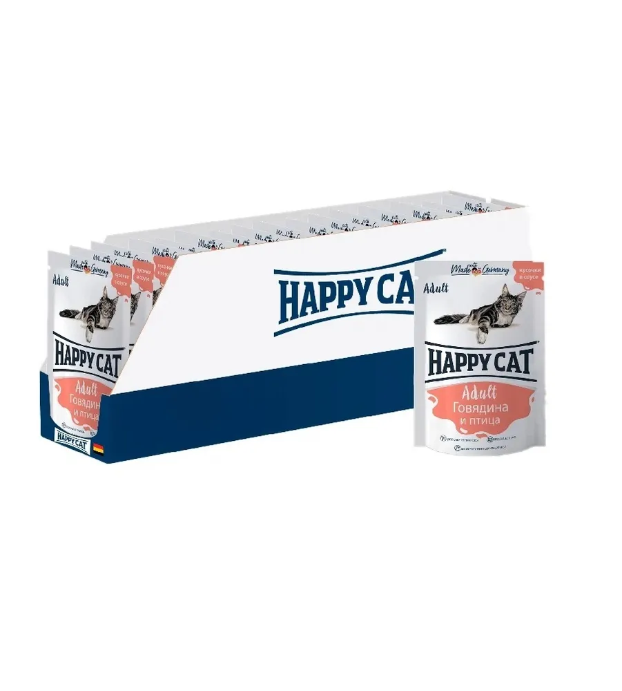 фото Влажный корм для кошек happy cat, с говядиной и птицей 24шт по 100г