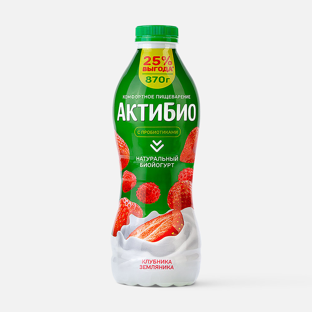 Йогурт АктиБио питьевой, с клубникой и земляникой, 1,5%, 870 г