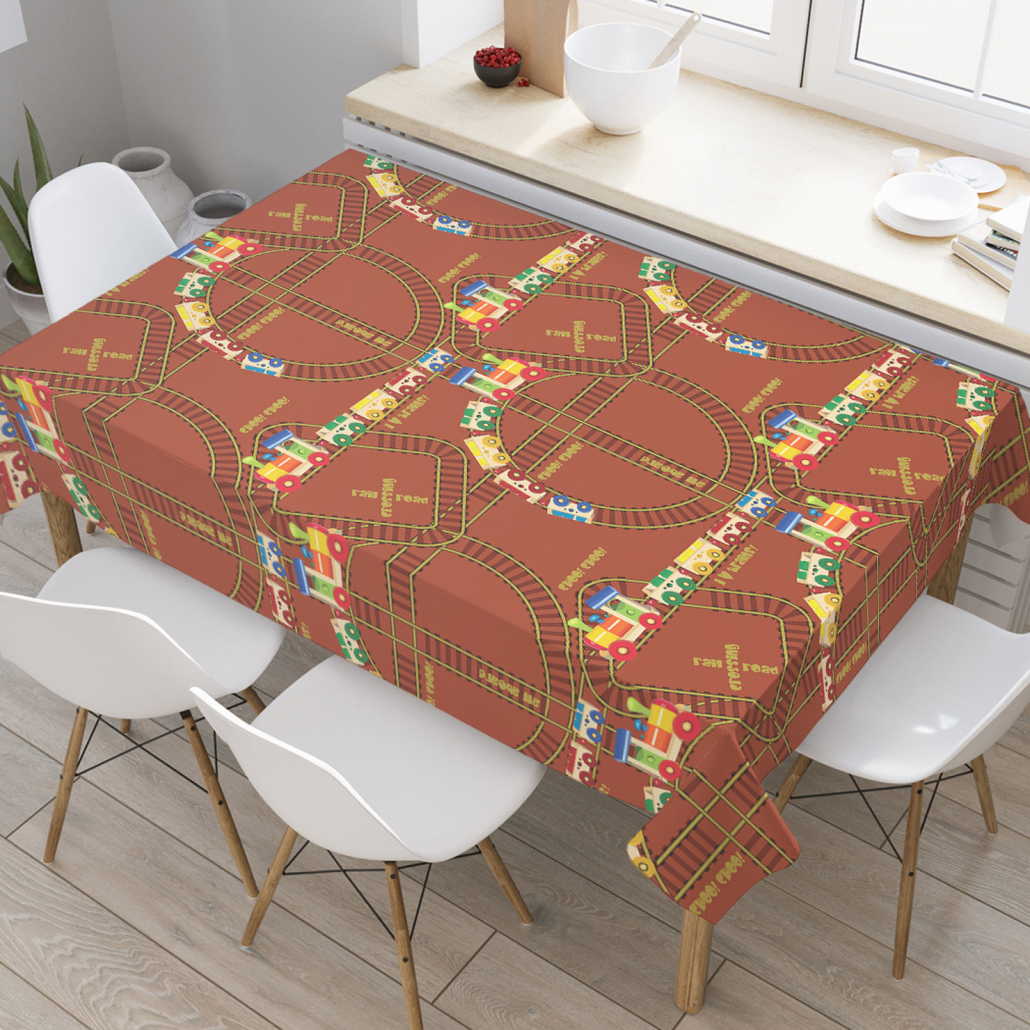 

Скатерть прямоугольная JoyArty "Детские паровозики" из оксфорда, 120x145 см, Коричневый, Детские паровозики