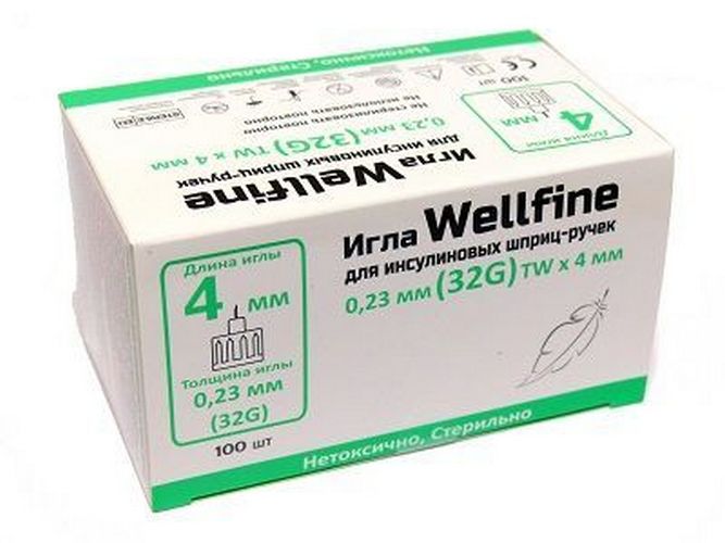 Иглы Веллфайн WellFine 32G 0,23 мм длина 4 мм для шприц-ручек 100 шт.