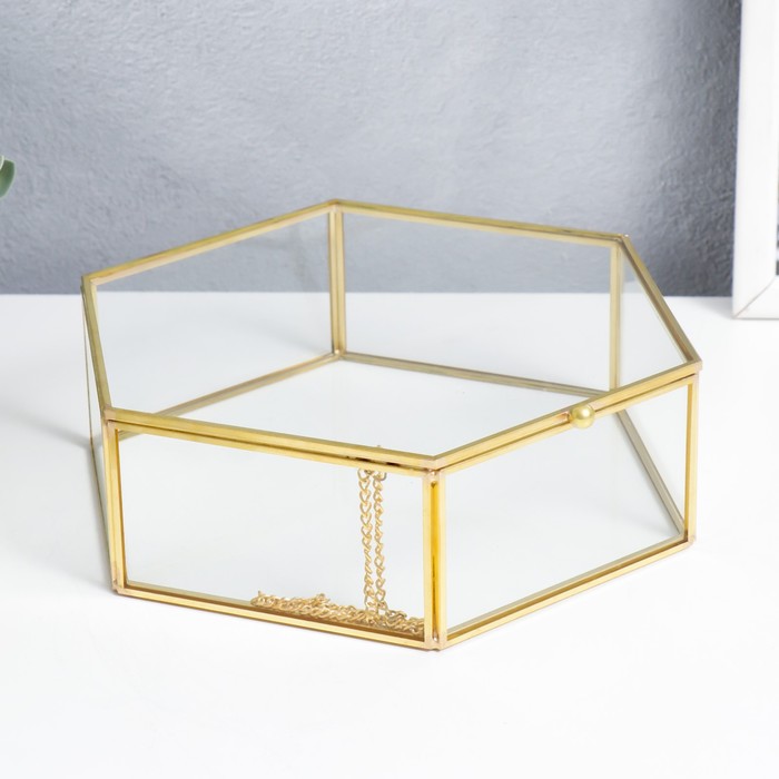фото Шкатулка стекло с металлическим каркасом "гексагон с гранями" золото 6х17х20 см nobrand