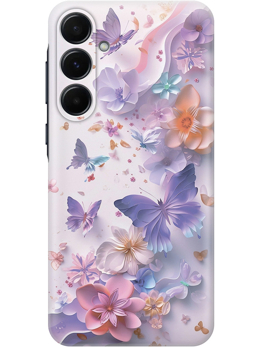 

Силиконовый чехол на Samsung Galaxy A35 с принтом "Фиолетовые бабочки и бумажные цветы", Прозрачный;розовый;фиолетовый, 780484322