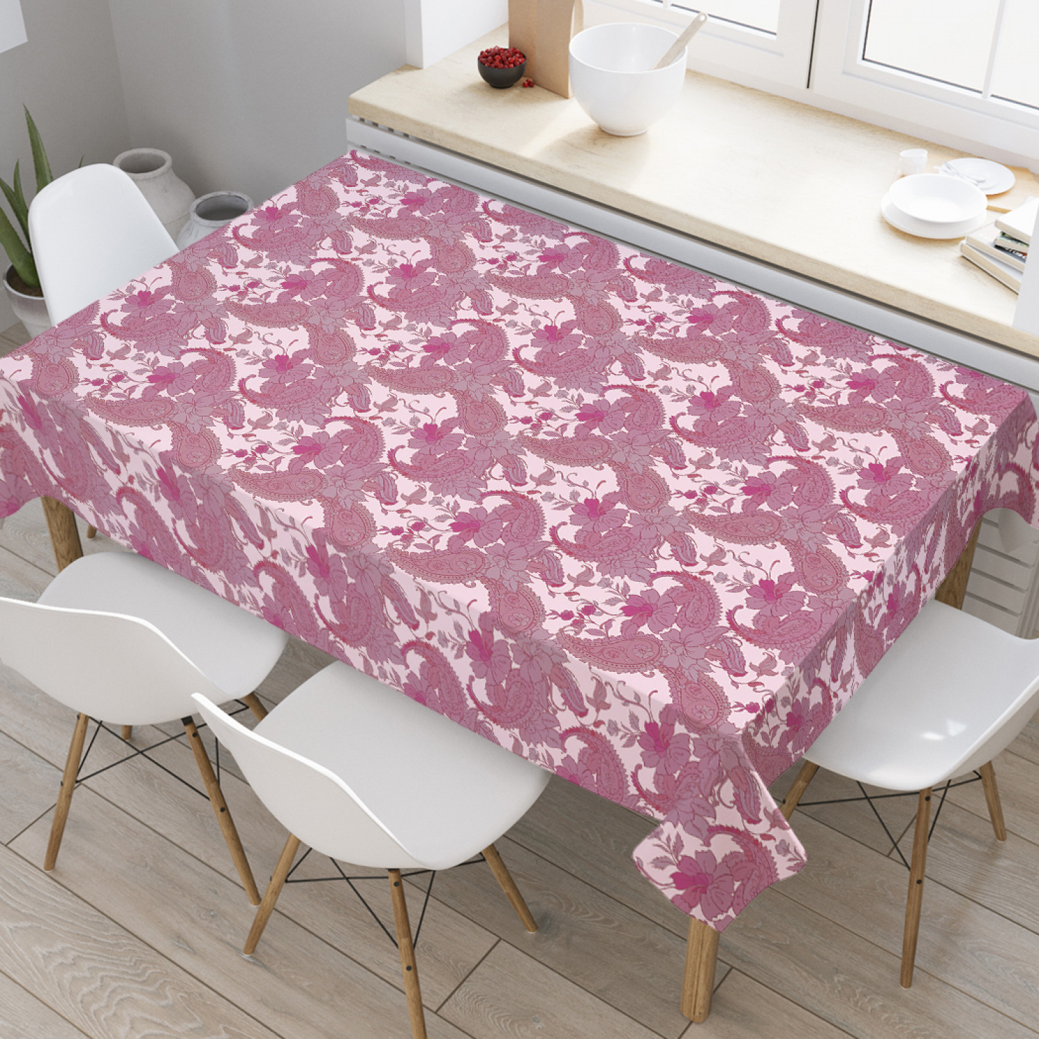 

Скатерть прямоугольная на кухонный стол JoyArty "Букетные пейсли" из оксфорда, 120x145 см, Розовый, Букетные пейсли