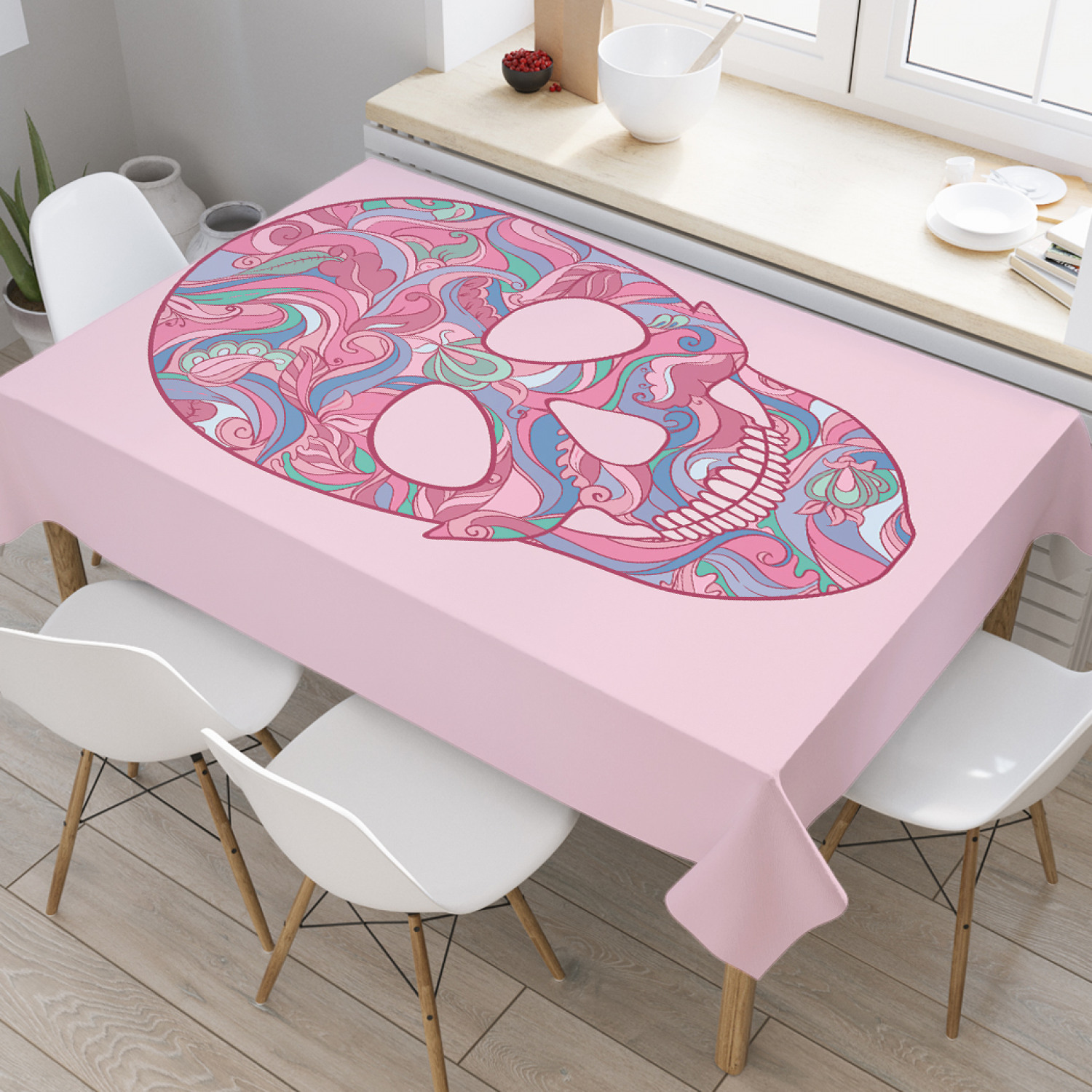 

Скатерть прямоугольная JoyArty "Орнамент на черепе" из оксфорда, 120x145см, Розовый, Орнамент на черепе