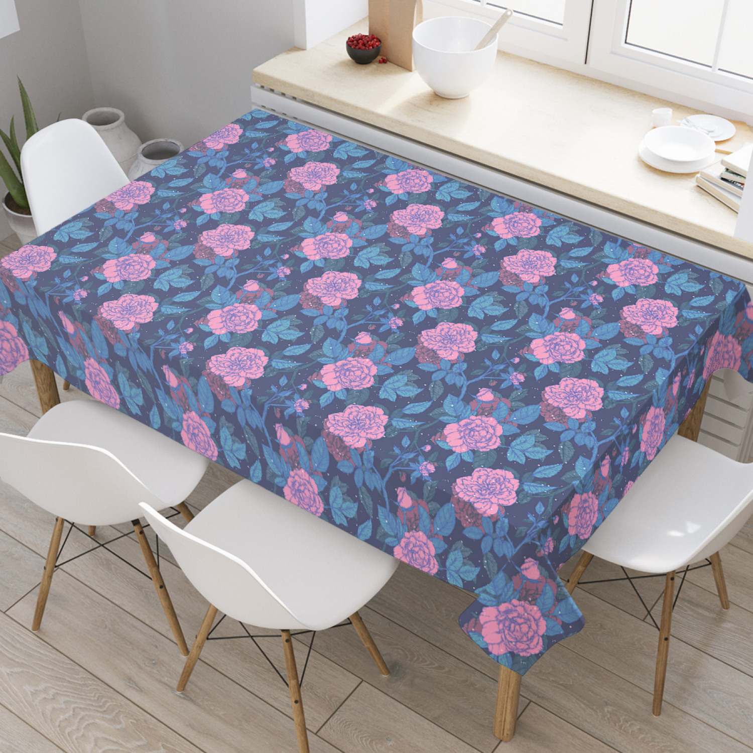 

Скатерть прямоугольная JoyArty "Розарий в снегопад" из оксфорда, 120x145 см, Синий, Розарий в снегопад