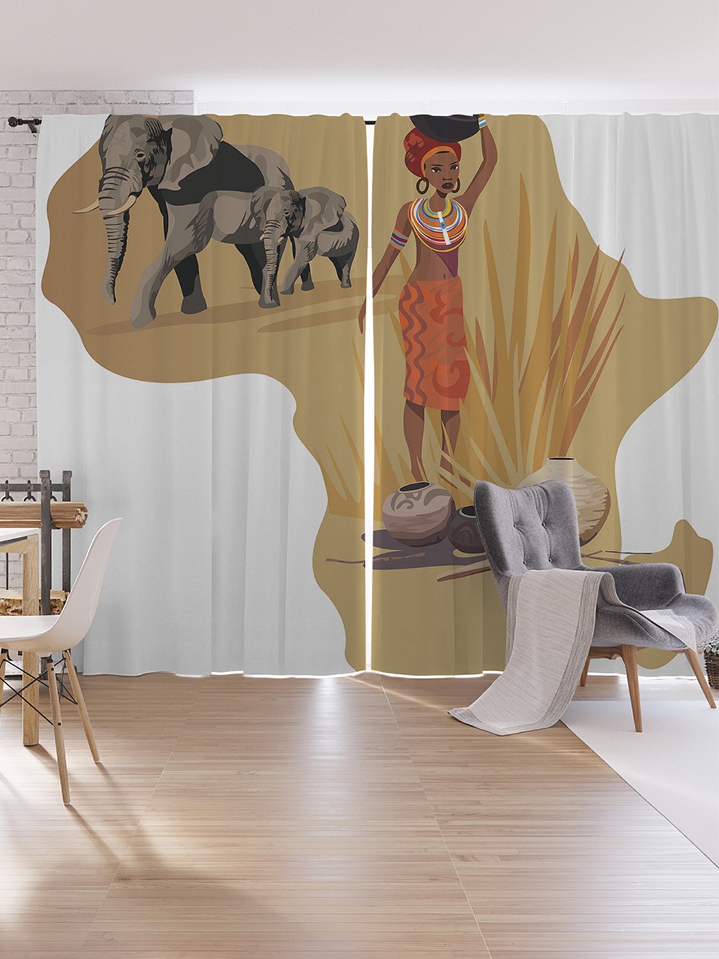 

Шторы под лён JoyArty "Слоны и африканка", серия Oxford DeLux, 340х265 см, Слоны и африканка