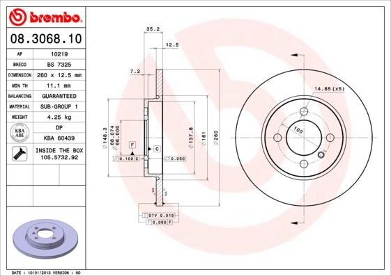

Тормозной диск brembo передний 260x12,7 мм 4 отверстия 8306810