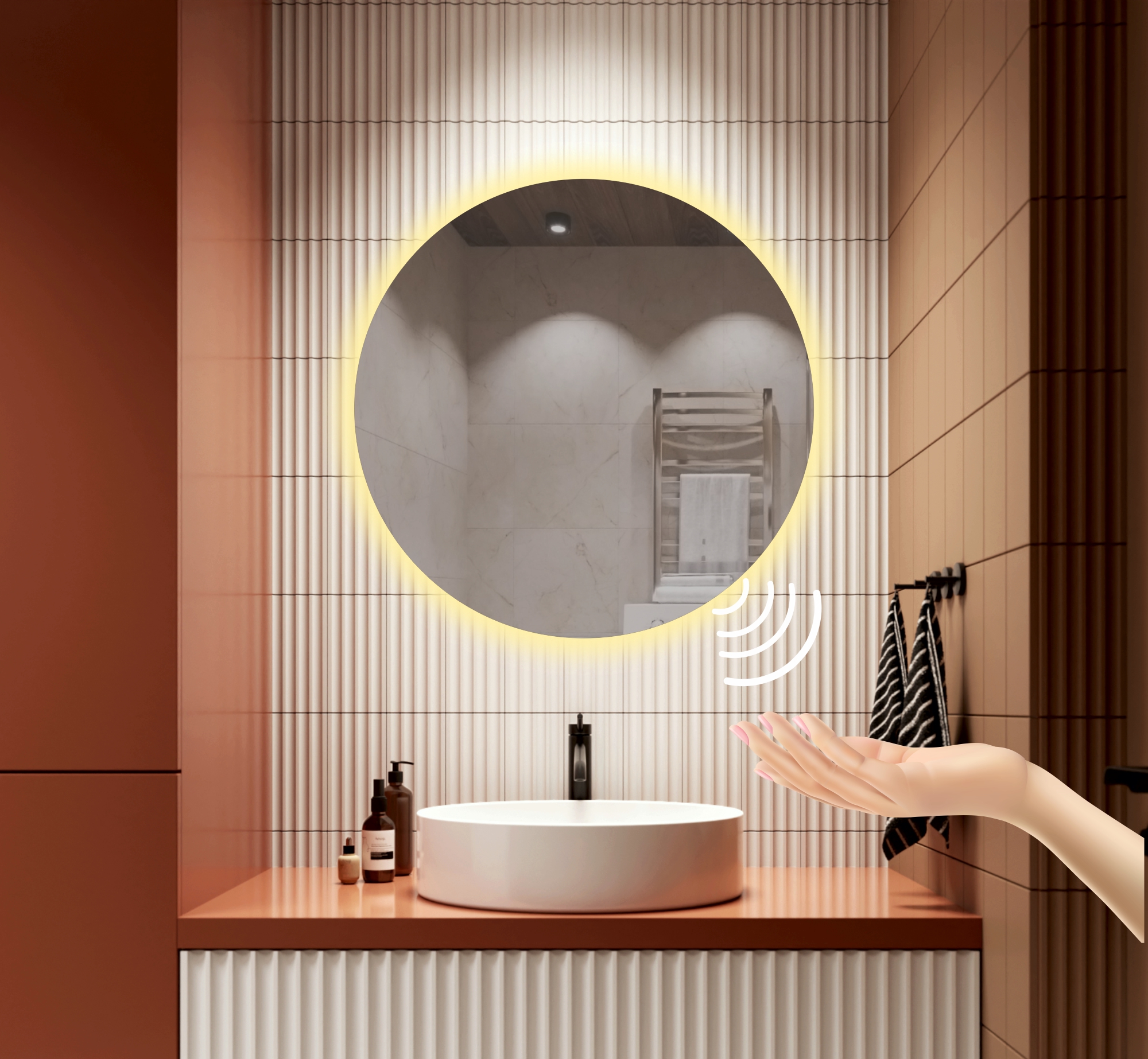 фото Зеркало для ванной alfa mirrors с теплой подсветкой 3200к круглое 80см, арт. na-8vzt