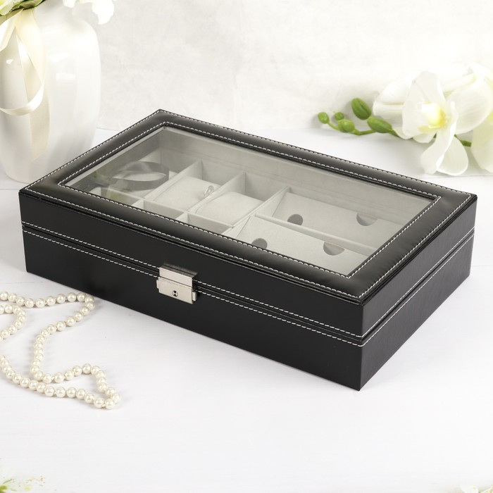 

Шкатулка кожзам под часы 6 отдел. и очки 3 отдел. "Белая строчка на чёрном" 8х33х20,3 см, Черный