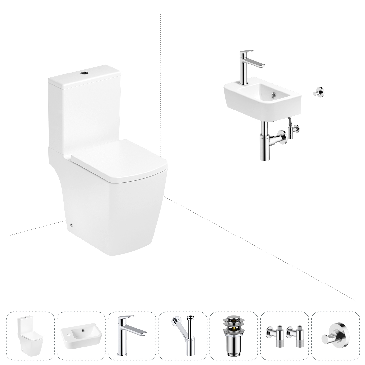 

Безободковый напольный унитаз Lavinia Boho Aveo Compacto Rimless 202008825 в наборе 7 в 1, Белый, Набор для туалета_Aveo_3306202R_левсторонняя раковина_ 7 в 1