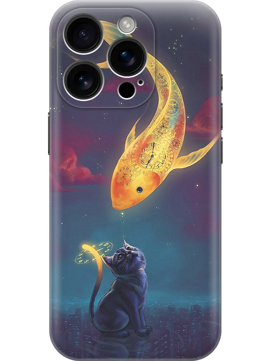 

Силиконовый чехол на Apple iPhone 16 Pro с принтом "Кот и рыбка", Прозрачный;желтый;серый;синий, 785197785