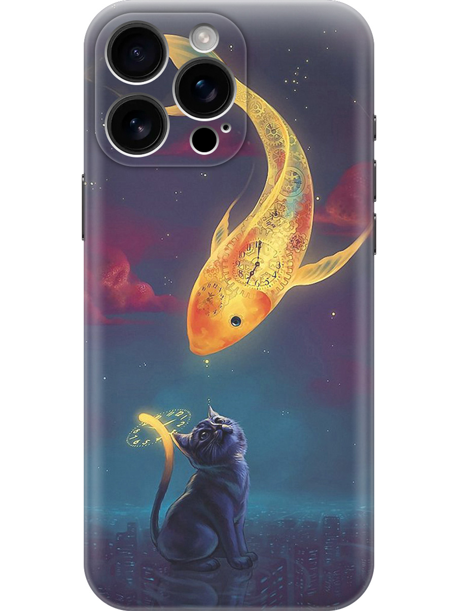 

Силиконовый чехол на Apple iPhone 16 Pro Max с принтом "Кот и рыбка", Прозрачный;желтый;серый;синий, 785198385
