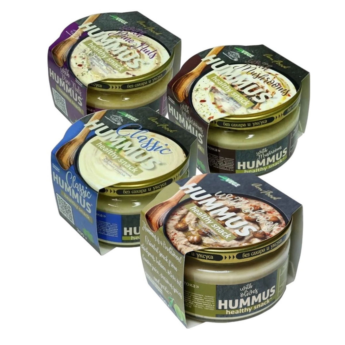 

Хумус Полезные продукты Тайны Востока Грибы, Оливки, Кедр орехи, классика, 4 шт по 200 гр