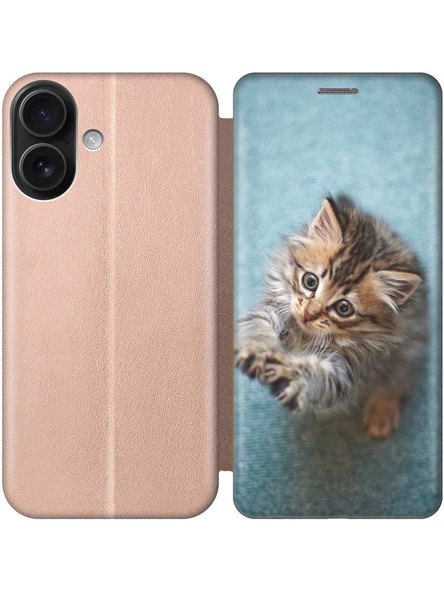 

Чехол-книжка на Apple iPhone 16 с принтом "Котёнок на голубом" золотой, Золотистый;белый;голубой;коричневый, 785196511