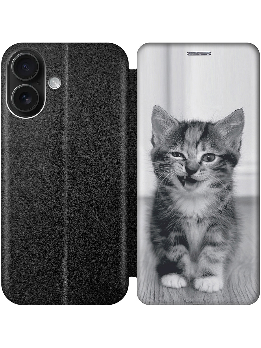 

Чехол-книжка на Apple iPhone 16 с принтом "Котенок с ухмылкой" черный, Черный;белый;серый, 785196511