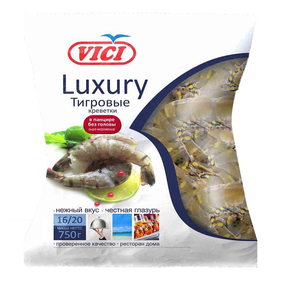 

Креветки Vici Luxury 16/20 свежемороженые в панцире без головы 750 г