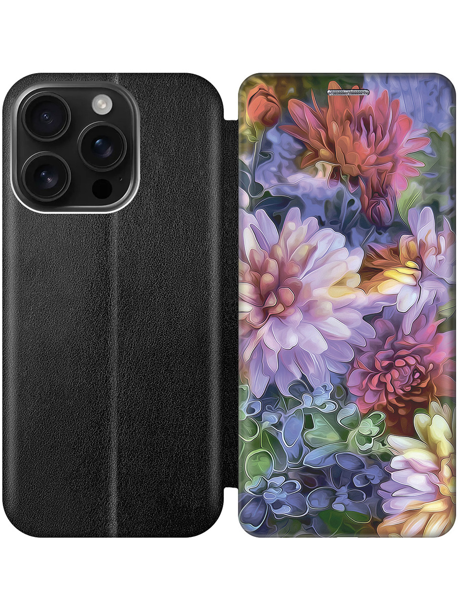 

Чехол-книжка на Apple iPhone 16 Pro с принтом "Цветные хризантемы" черный, Черный;красный;фиолетовый, 785197721