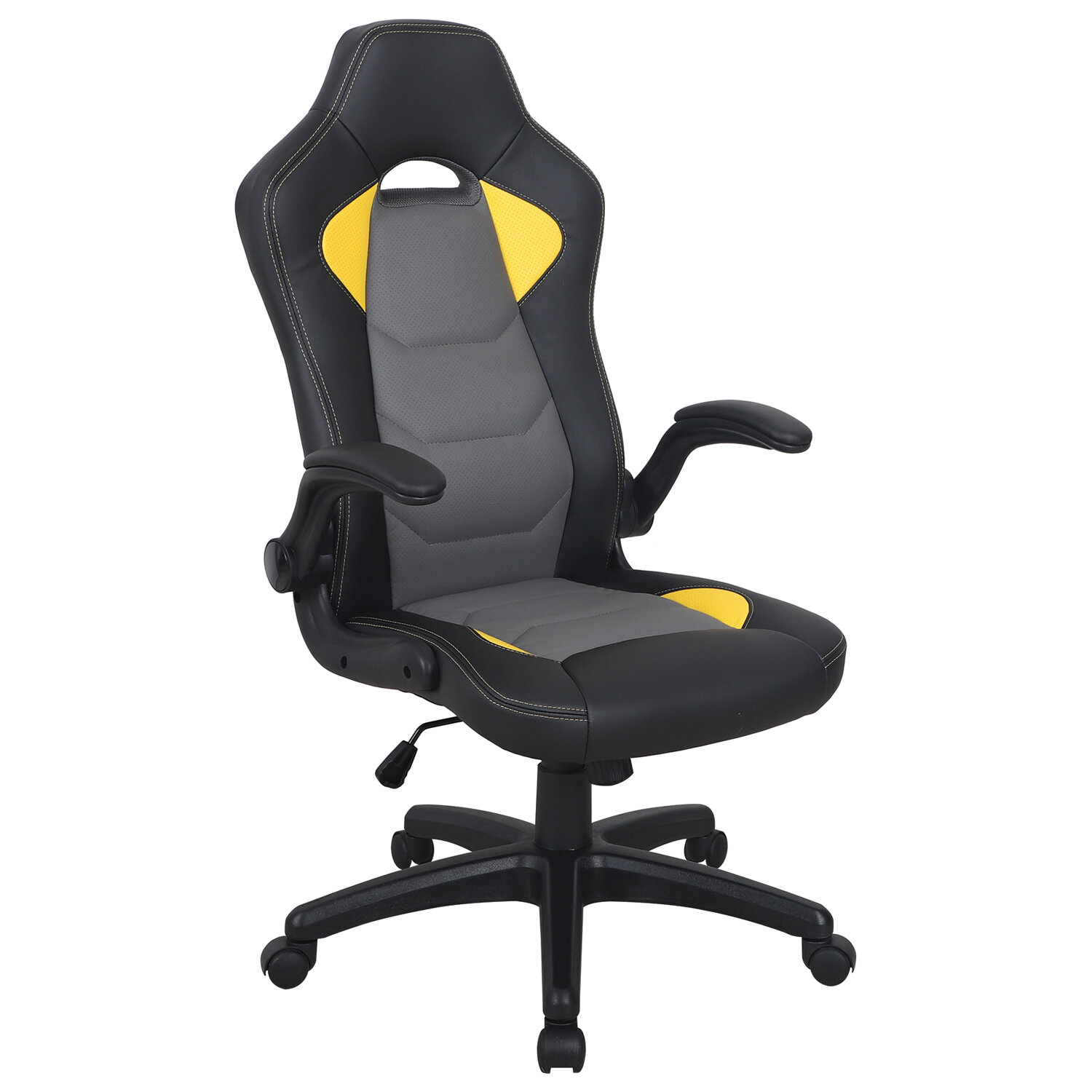 Кресло компьютерное BRABIX Skill GM-005, откидные подлокотники, экокожа, черное/желтое,
