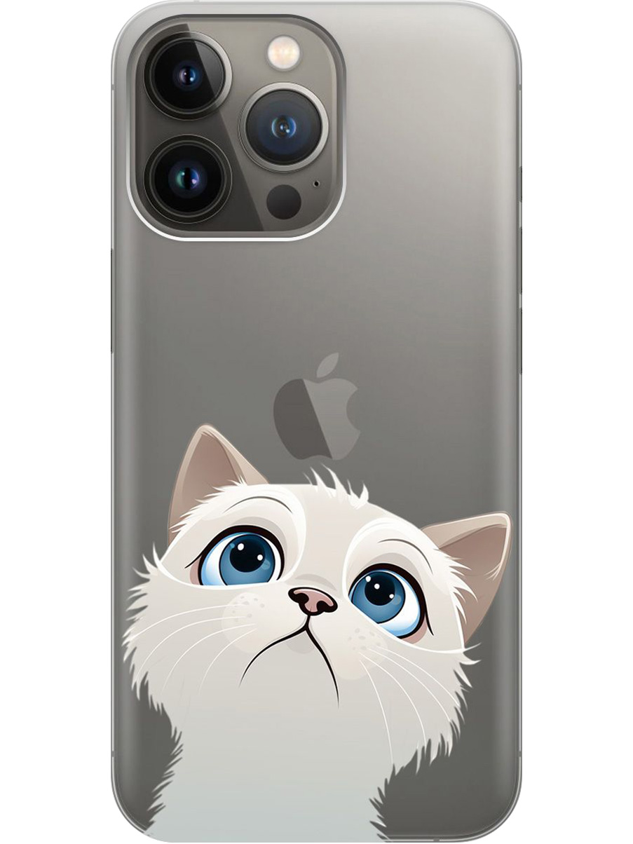 

Силиконовый чехол на Apple iPhone 14 Pro Max с принтом "Белый котик" прозрачный, Прозрачный;белый, 745400811