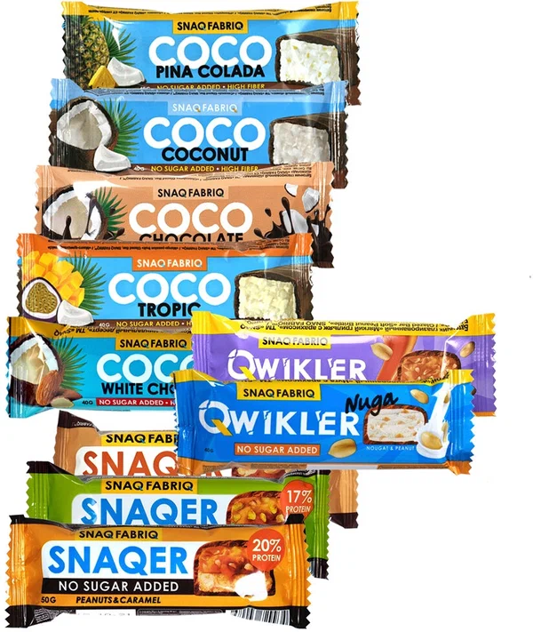 

Батончик Snaq Fabriq, ассорти, Snaqer-3, Qwikler-2, Coco-5, 10 шт, 35 г, 40 г, 50 г