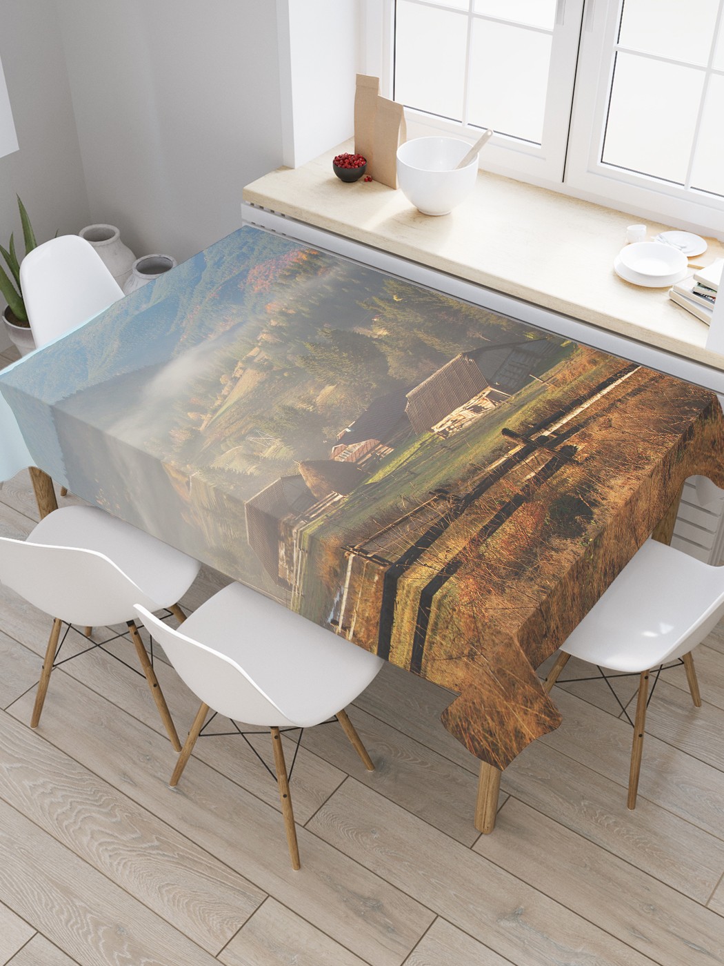 

Скатерть прямоугольная JoyArty "Туманный поселок в горах" из сатена, 180x145 см, Туманный поселок в горах