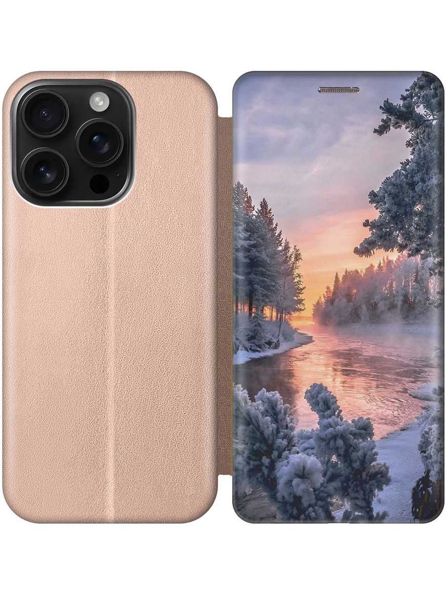 

Чехол-книжка на Apple iPhone 16 Pro с принтом "Река в заснеженном лесу" золотой, Золотистый;белый;черный, 785197741
