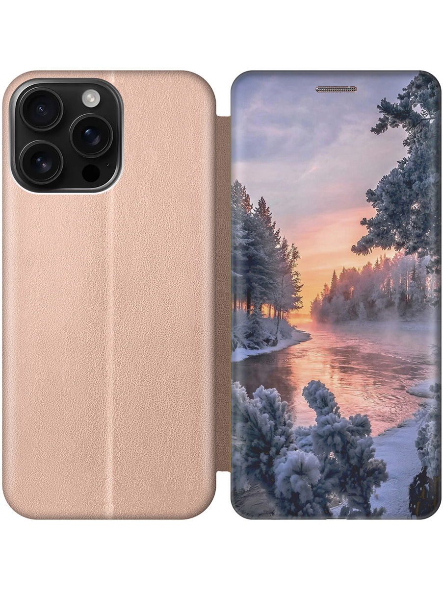 

Чехол-книжка на Apple iPhone 16 Pro Max с принтом "Река в заснеженном лесу" золотой, Золотистый;белый;черный, 785198341