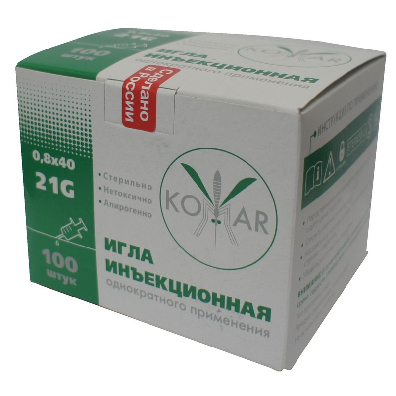 

Игла инъекционная Komar 21G 0,8х40 мм 100 шт.