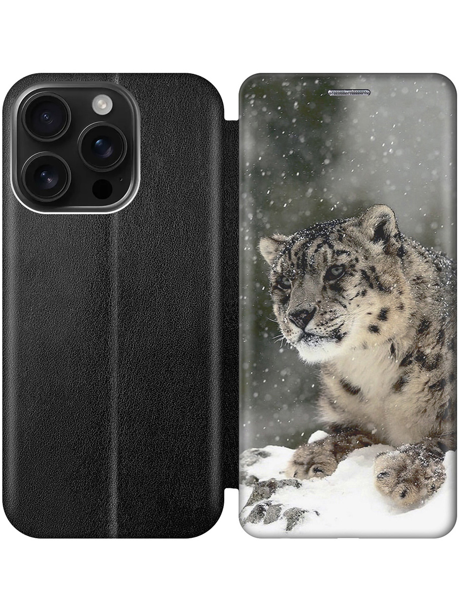 

Чехол-книжка на Apple iPhone 16 Pro с принтом "Барс и падающий снег" черный, 785197713