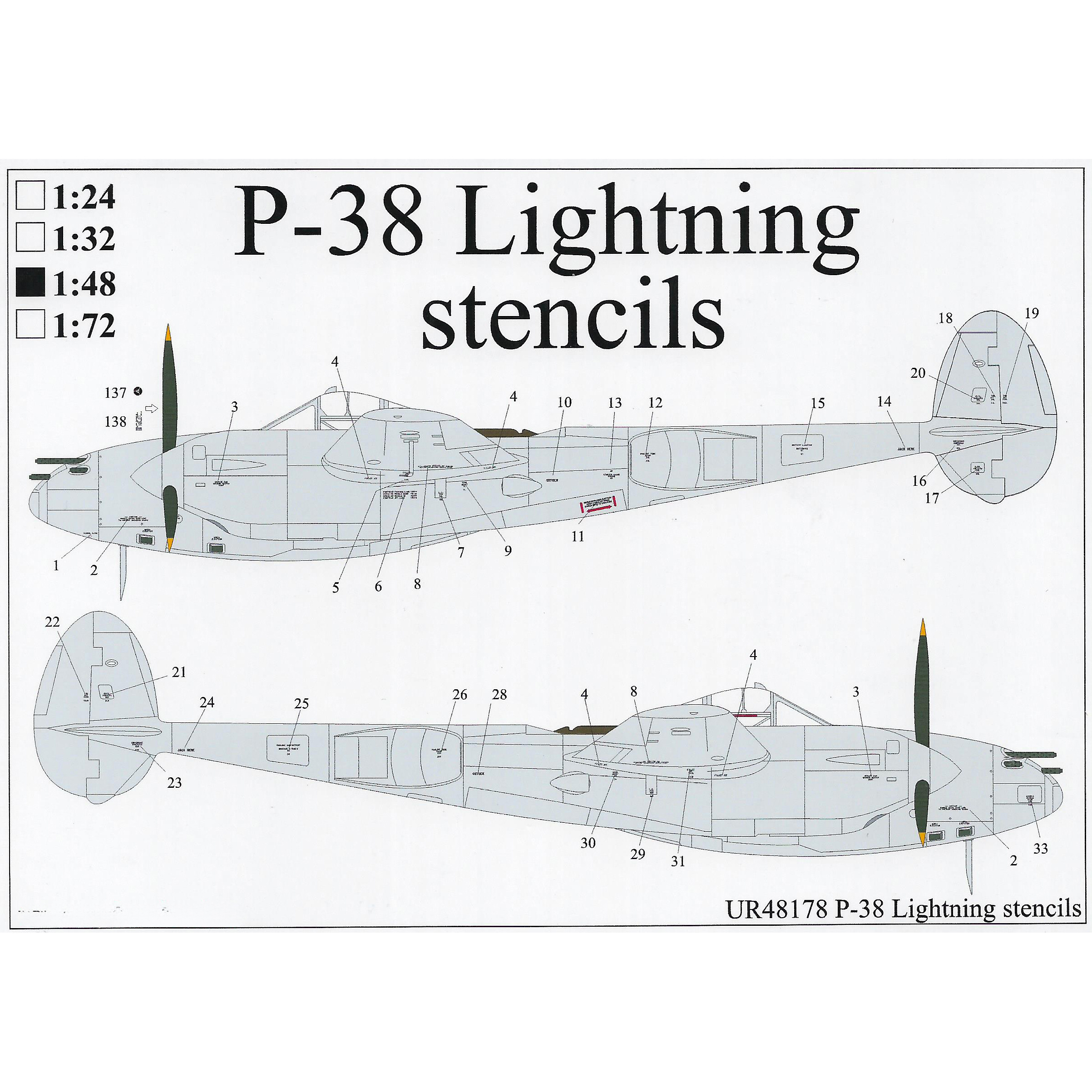 Декали UpRise 1/48 для P-38 Lightning, тех. надписи UR48178
