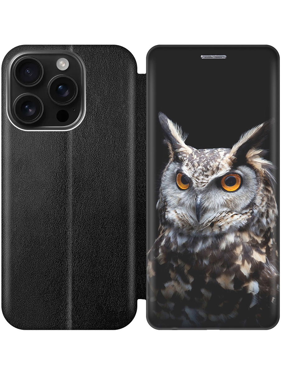 

Чехол-книжка на Apple iPhone 16 Pro с принтом "Сова на темном фоне" черный, 785197712