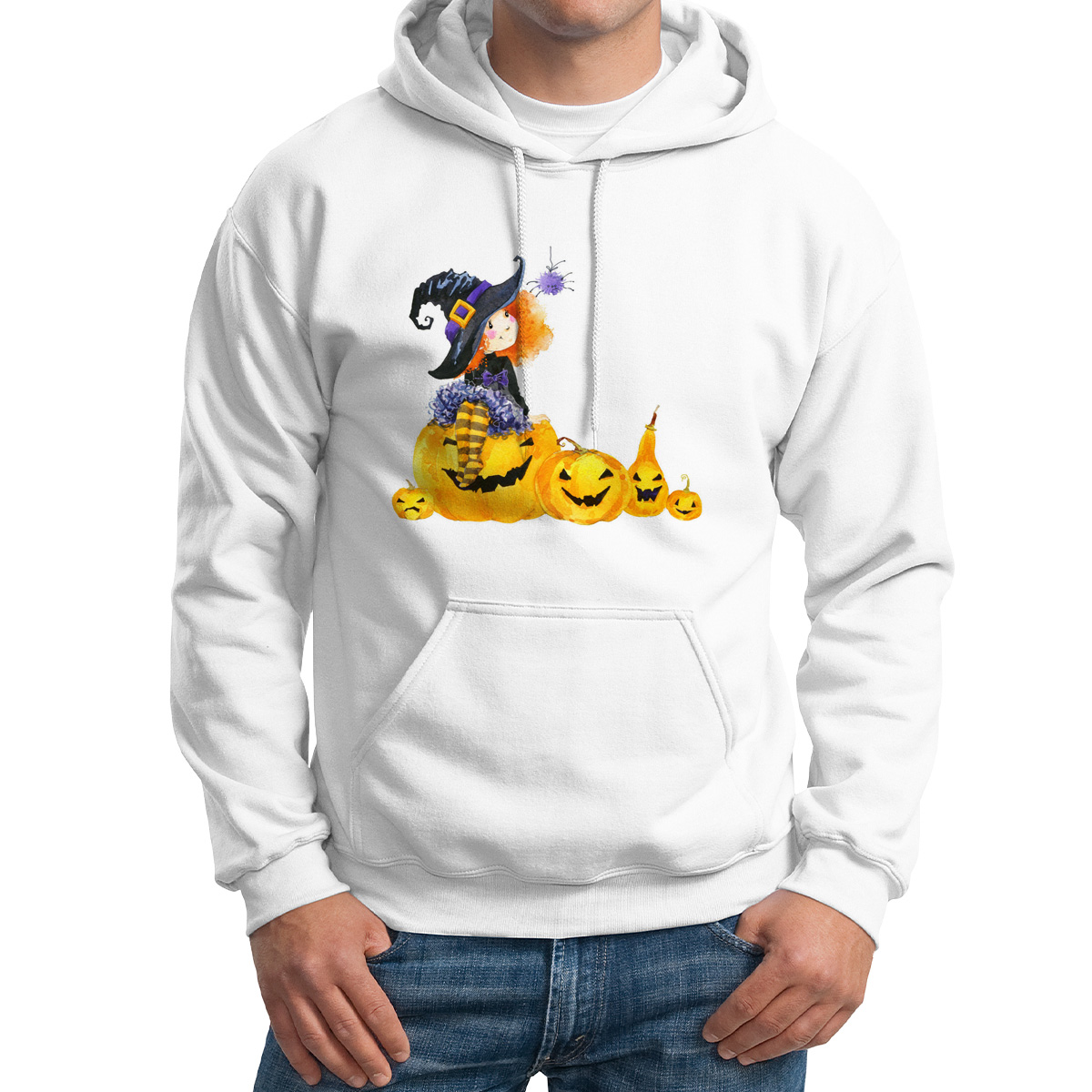 

Худи унисекс CoolPodarok Графика Ведьмочка с тыквами белое 42 RU, Белый, 2M015403