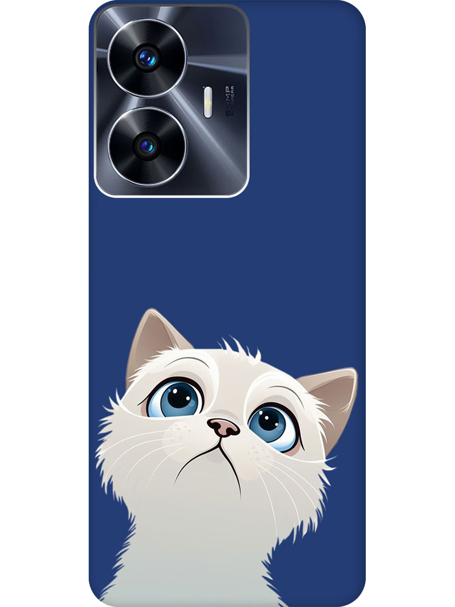 

Силиконовый чехол на Realme C55 с принтом "Белый котик" матовый синий, Синий;белый, 768742711