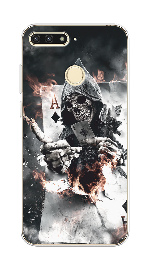 

Чехол на Honor 7C/7A Pro/Huawei Y6 Prime 2018 "Карты черепа в капюшоне", Белый;серый, 65750-1