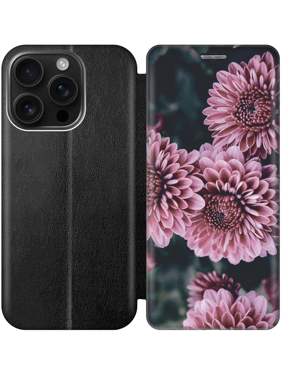 

Чехол-книжка на Apple iPhone 16 Pro с принтом "Нежные розовые астры" черный, Черный;розовый, 785197722