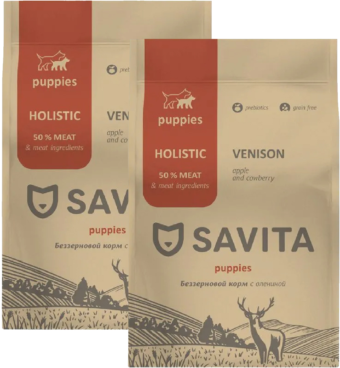 

Сухой корм для щенков Savita Puppies Venison, беззерновой, оленина, 2 шт по 10 кг