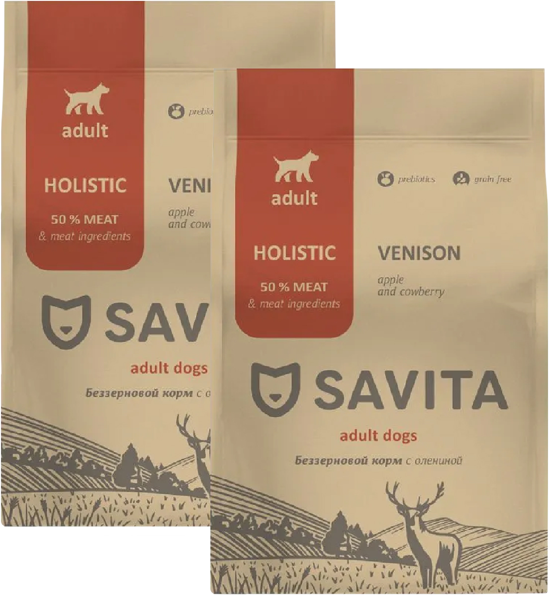 Сухой корм для собак Savita Adult Dogs Venison беззерновой с олениной, 2 шт по 4 кг