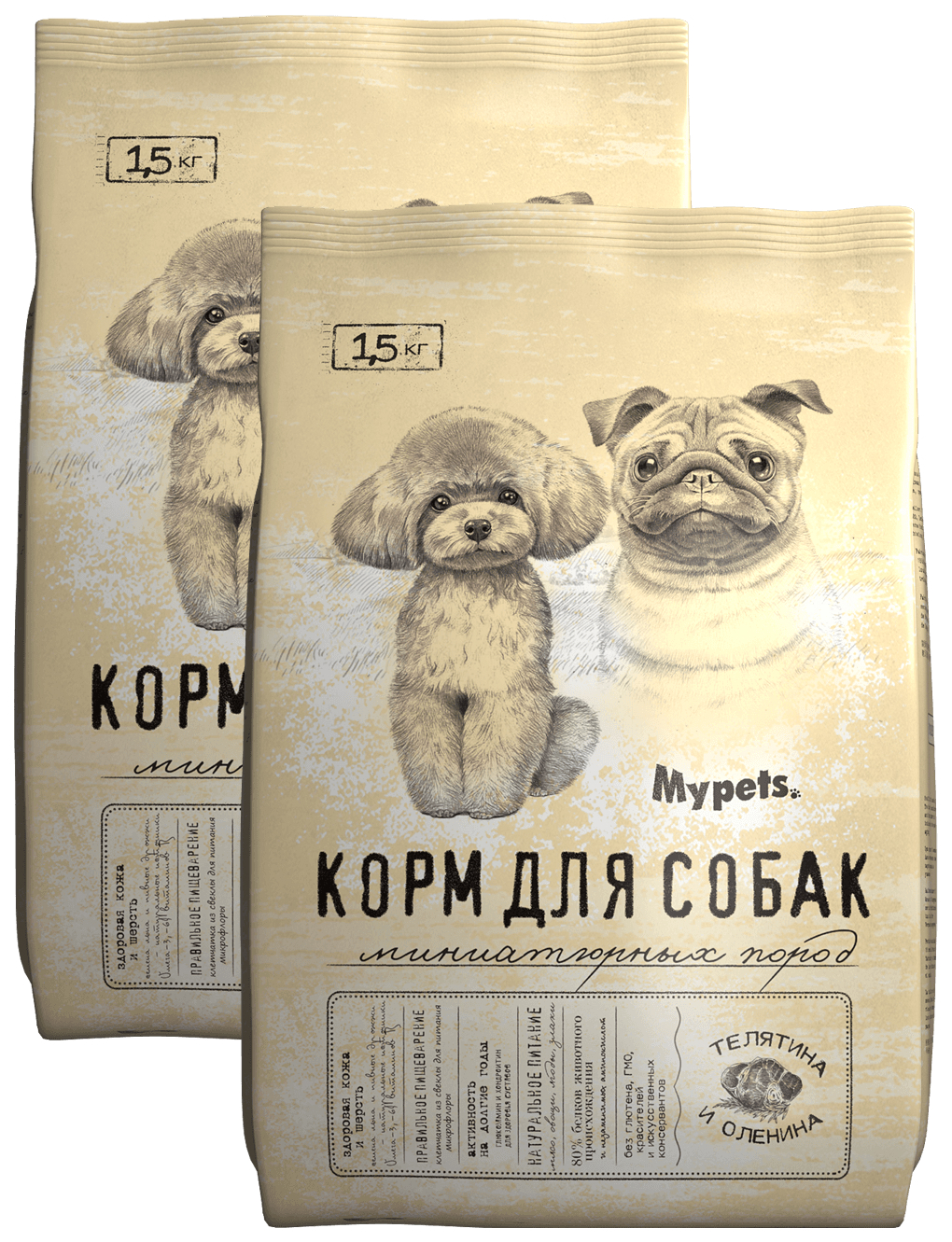 Сухой корм для собак Mypets с телятиной и олениной, 2 шт по 1,5 кг