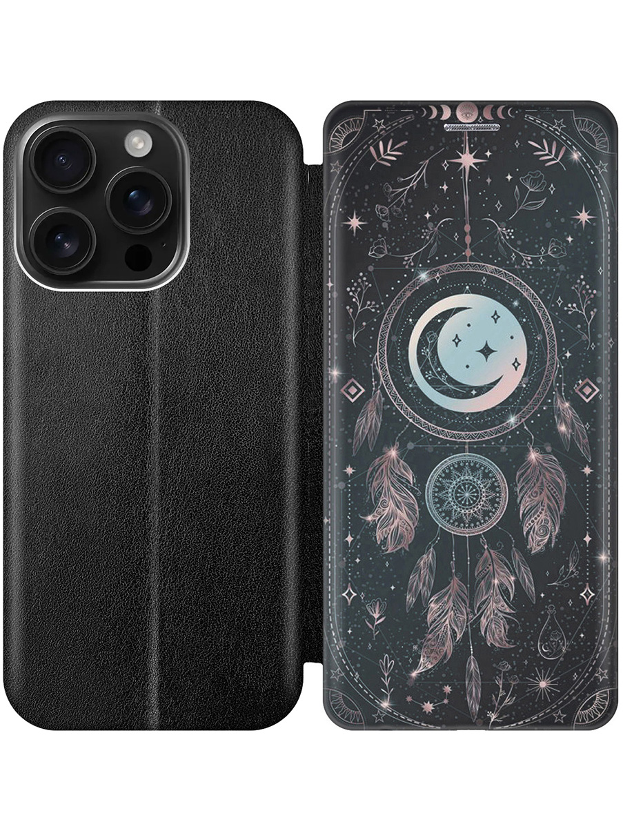 

Чехол-книжка на Apple iPhone 16 Pro с принтом "Ловец снов и месяц" черный, Черный;голубой;серый, 785197785