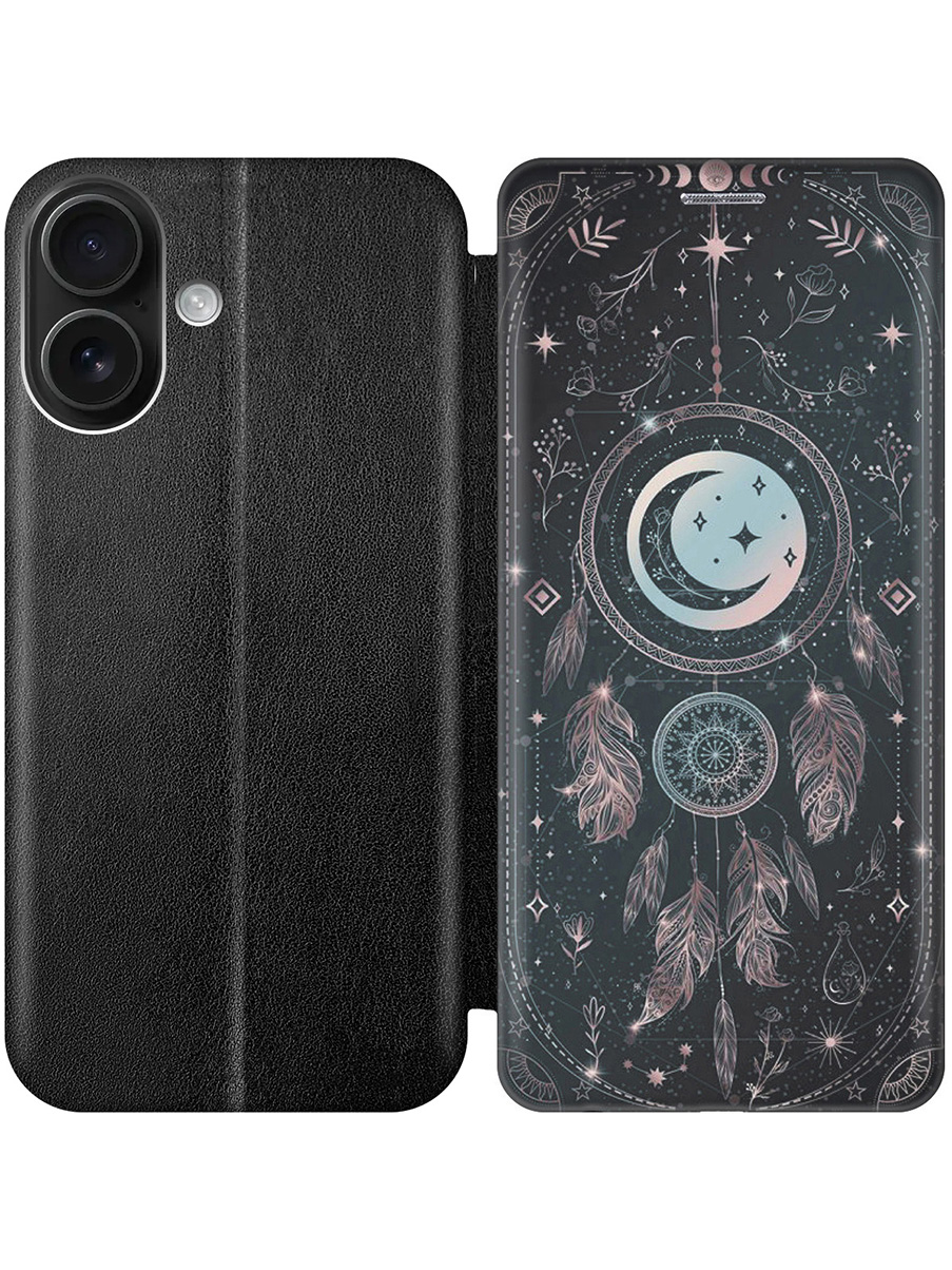 

Чехол-книжка на Apple iPhone 16 с принтом "Ловец снов и месяц" черный, 785196585