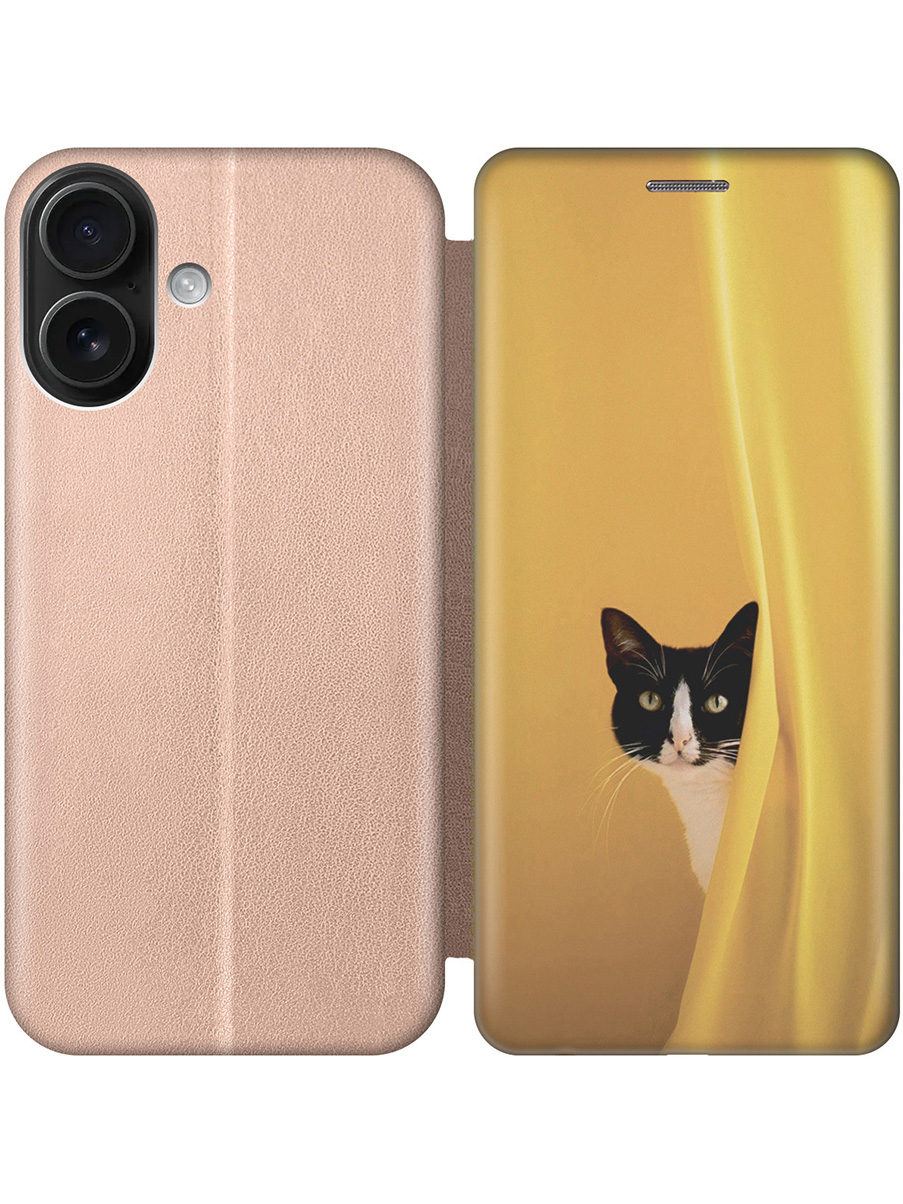 

Чехол-книжка на Apple iPhone 16 с принтом "Выглядывающий котик" золотой, Золотистый;белый;желтый;черный, 785196512