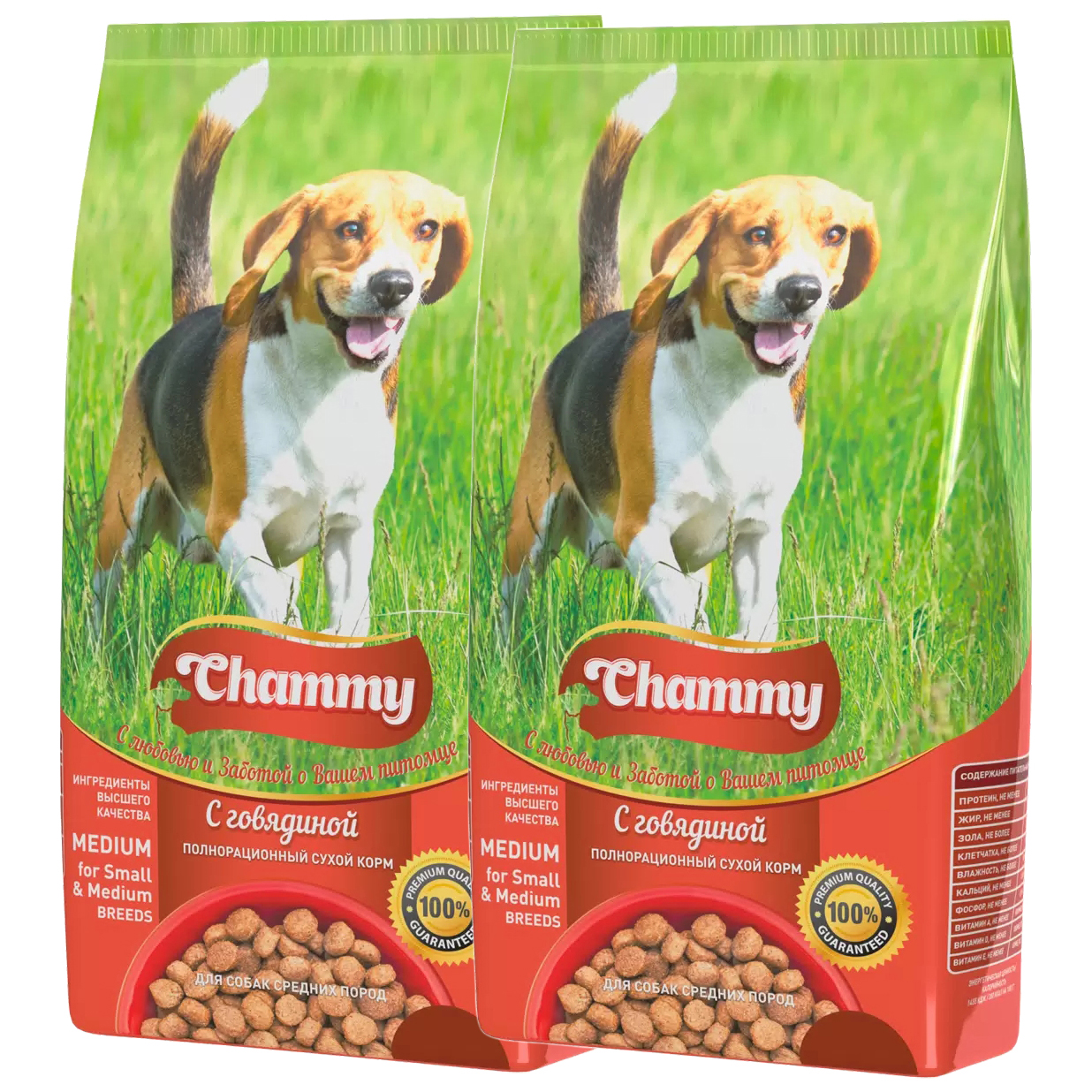 

Сухой корм для собак Chammy, для средних пород, с говядиной, 2 шт по 18 кг