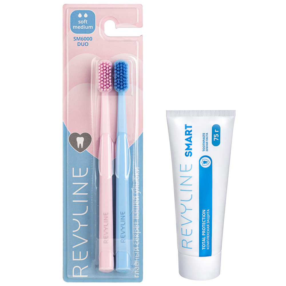 Набор зубных щеток Revyline SM6000 DUO Pink и Blue, Зубная паста Revyline Smart, 75 г зубная щетка revyline sm6000 ortho салатовая мягкая