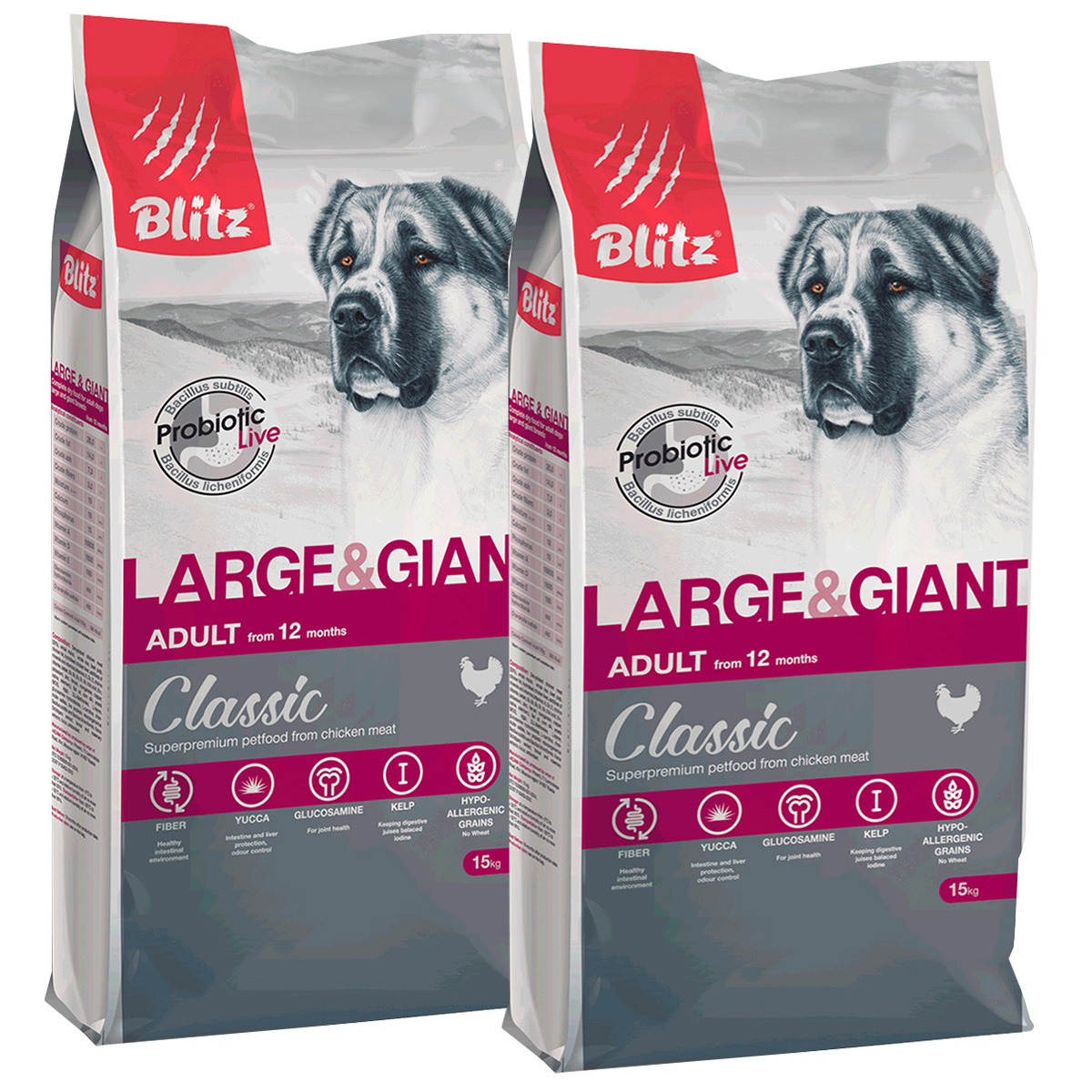 Сухой корм для собак Blitz Classic Adult Large&Giant Breeds, курица, 2 шт по 15кг