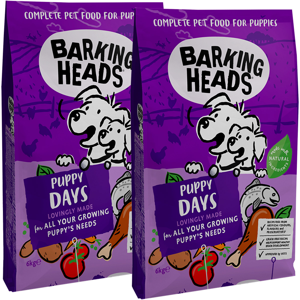 Корм для щенков Barking Heads беззерновой с лососем и курицей, 2 шт по 6 кг